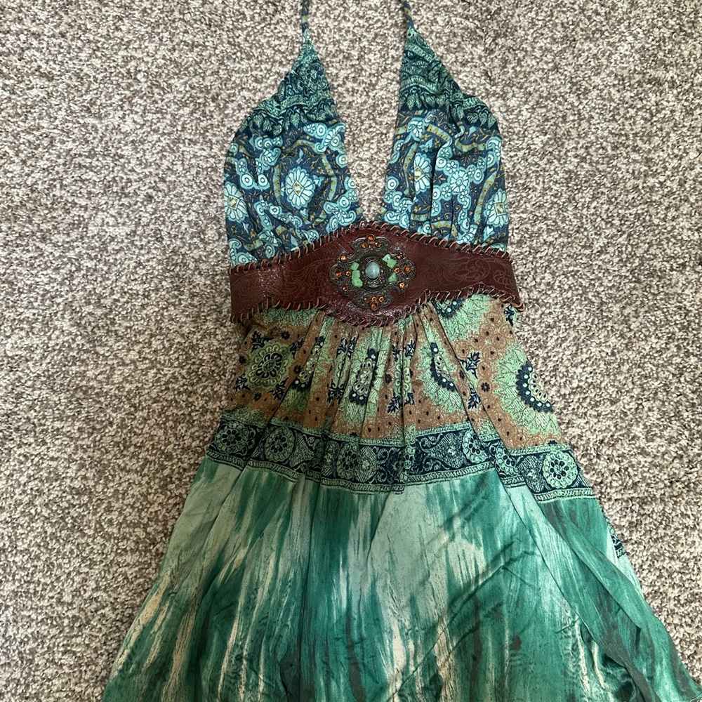 Sky Teal and Brown Embellished Halter Dress